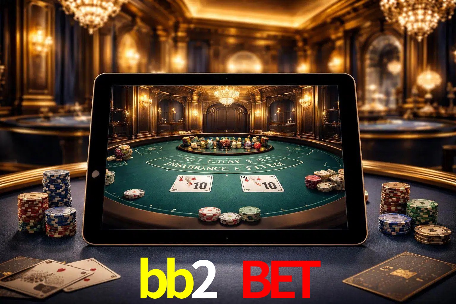 Configuración moderna de casino en vivo con una tableta mostrando una mesa de blackjack, luces cálidas de estudio y una atmósfera elegante de juegos digitales.