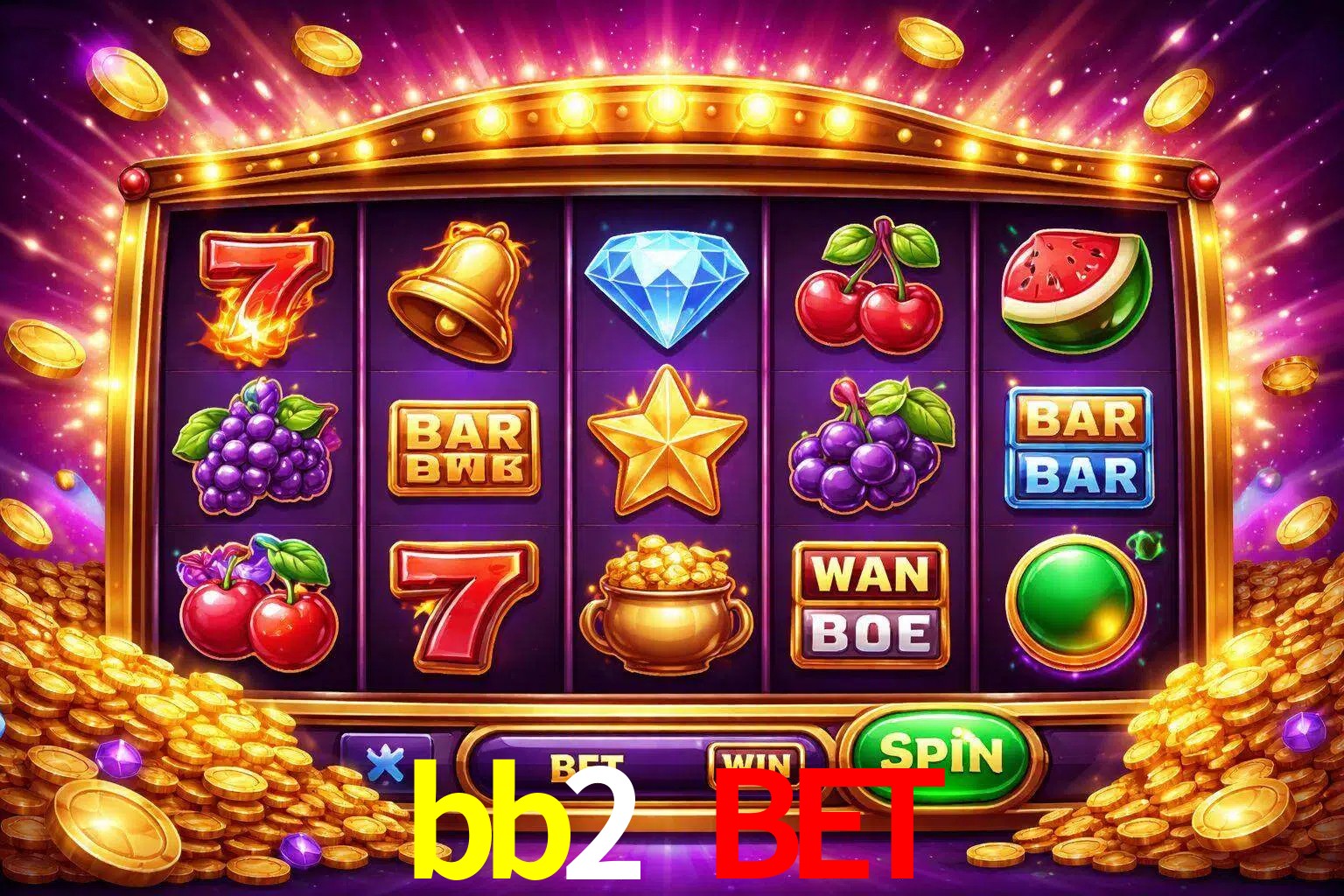 Una interfaz colorida de tragamonedas en línea con símbolos brillantes, monedas y un efecto de victoria celebratoria en bb2 bet.