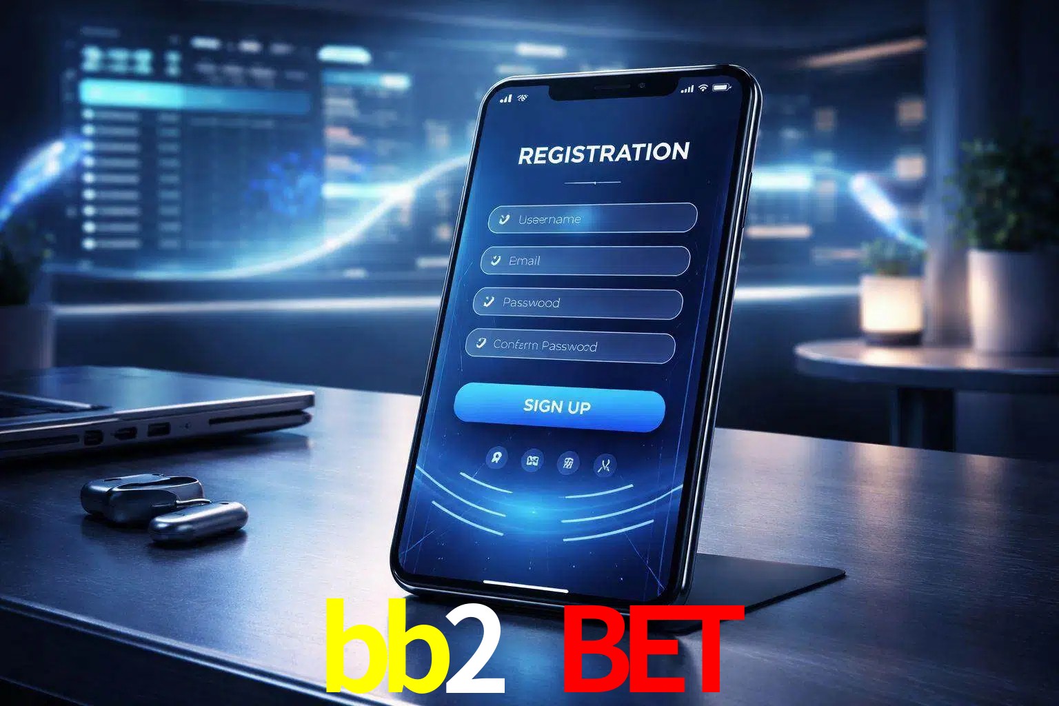 Una interfaz moderna de registro móvil para bb2 bet mostrada en un smartphone con un panel de apuestas elegante.